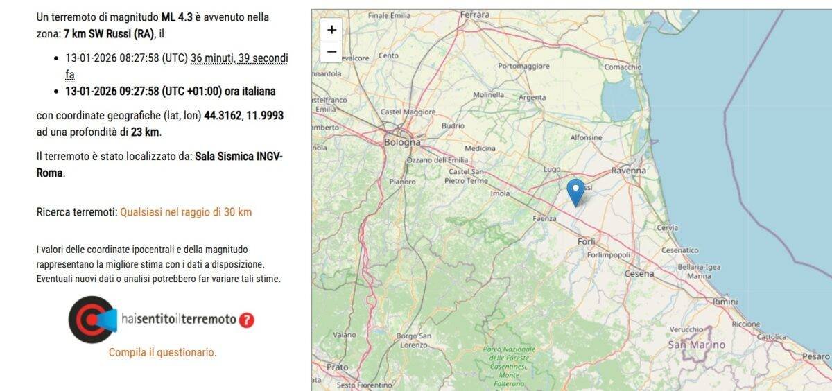 Terremoto oggi in Romagna: due forti scosse di magnitudo 4.3 e 4.1, paura ma nessun danno